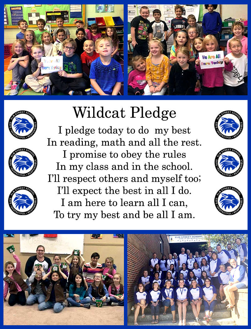 Text with Wildcat Pledge (words are above image) and pictures of RSU 16 students.